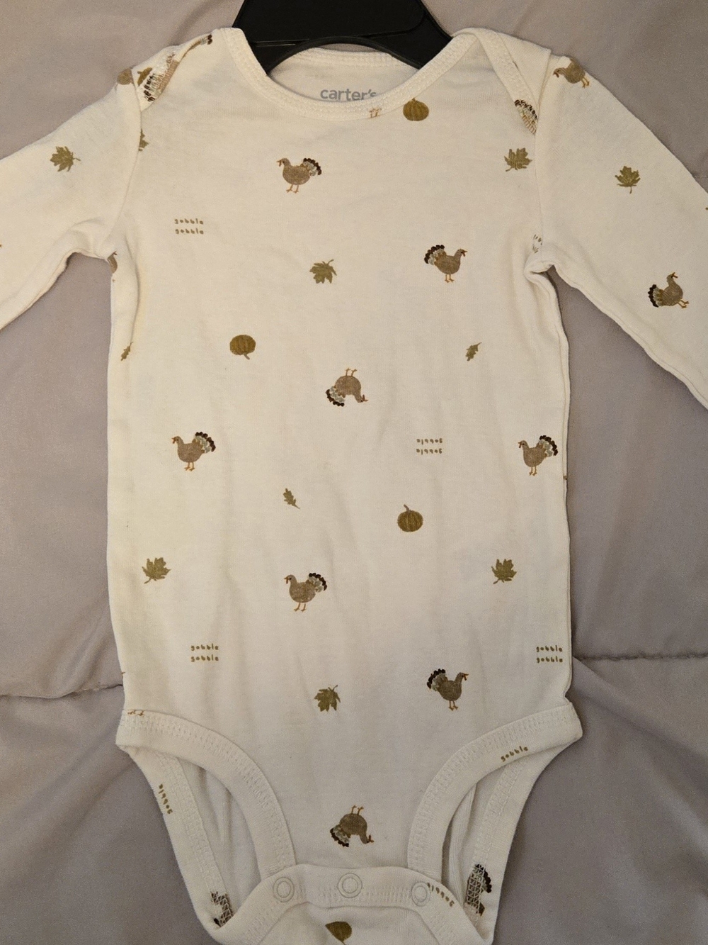 Carter's Cream Long-Sleeve Turkey & Leaf Print One-Piece Bodysuit Sz 9 Months